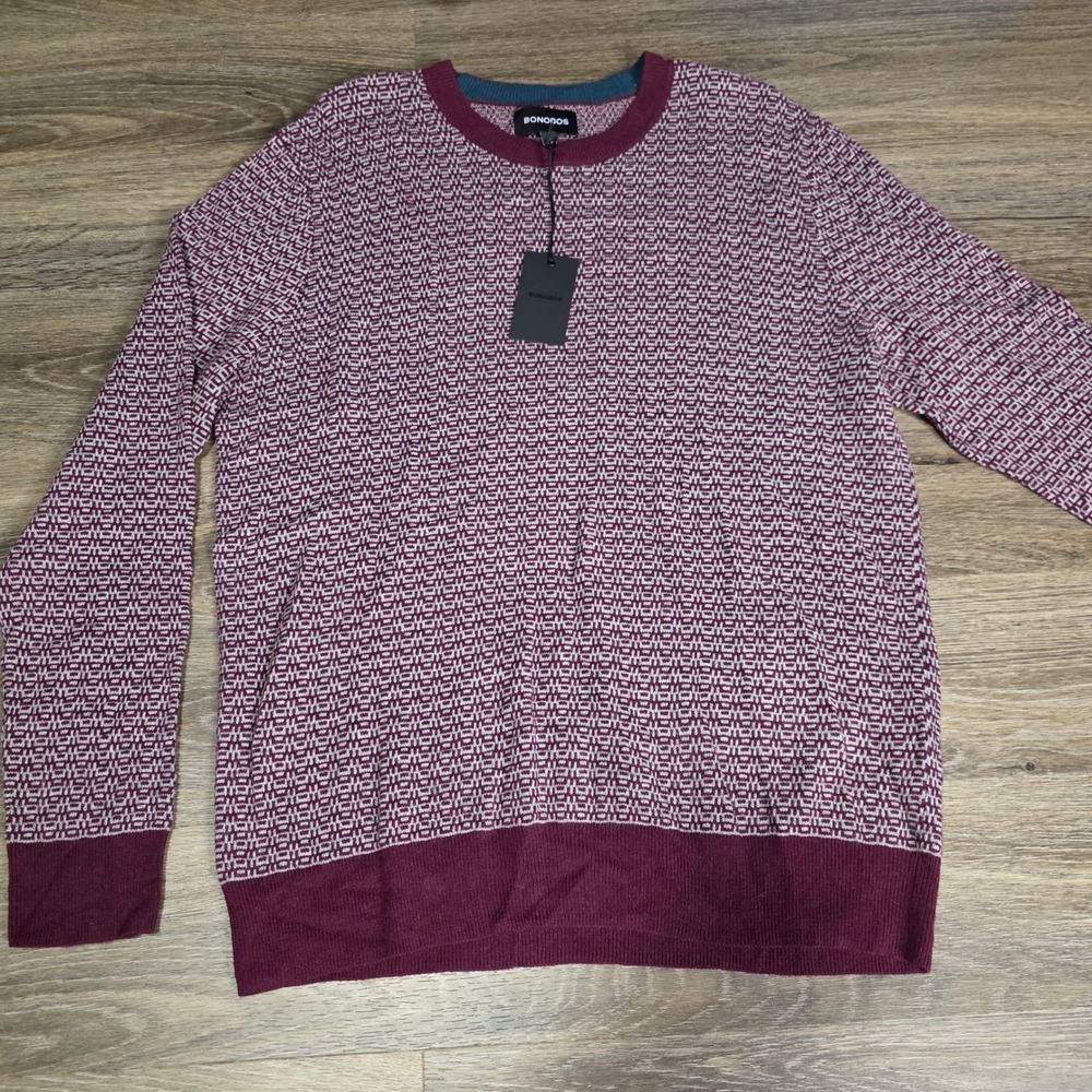 Bonobos L Crewneck Sweater Mens Burgundy Geo NEW Cashmere Wool BST00631NR0866